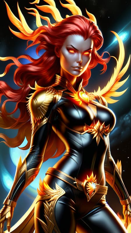 Phoenix/Jean Grey in her Phoenix costume, but it's dark black with metallic gold, a golden fiery falcon symbol on the front of her costume,  the sash around her waist blowing in the cosmic winds. She is surrounded by her fiery Phoenix raptor/falcon aura, she is within the firebird . Her eyes are lit up like stars. Her hair is beautiful red flames, flaring out. Full body pose. She is in space, on the edge of a galaxy. 