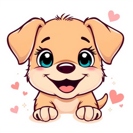 Charming graphic art of an adorable puppy with bright eyes and a big grin, looking directly at the viewer, styled in a playful cartoon manner. The background includes soft pastel colors and whimsical elements, adding to the cheerful and heartwarming vibe.