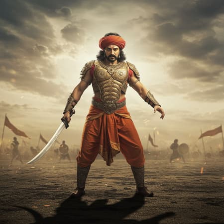 Indian male warrior from Mahabharata, clad in ornate ethnic armor, wielding a gleaming sword on a desolate battlefield, intense shadows cast by dramatic lighting, hyperrealistic and photorealistic style, evocative and cinematic atmosphere, 8k resolution amidst swirling dust and distant echoes of battle, resolute expression with a background of tumultuous skies, --ar 9:16 --v 7.