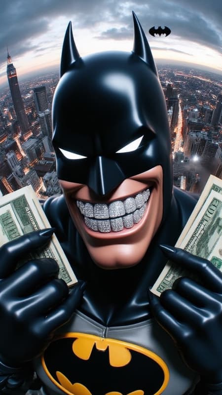 gr!llz, photograph of Batman smiling into the camera, his teeth are encrusted with shiny platinum diamonds and he is holding a huge stack of money up to his ears, the background is the cityscape of Gotham city from a roof top, bat signal in the air behind him
