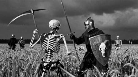 Black and white still from a vintage horror film, featuring a medieval knight with a sword and a crusader shield fighting a skeleton warrior in a military helmet and a large scythe. The skeleton is in the foreground, its back to the viewer, with a ram skull emblem on its wooden shield. The knight, mid-action, has an intense expression. They are surrounded by a field of tall wheat under a cloudy, star-speckled night sky. Other blurry skeleton warriors are in the background. Photorealistic, high contrast, dramatic lighting, grim mood. Grainy film texture.