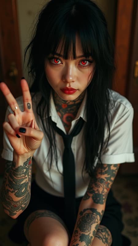 A striking full-body portrait of a heavily tattooed alternative Japanese woman, looking directly at the viewer with intense red eyes. She wears a white button-up shirt and black tie, with long black hair and bangs. Her right hand is raised, flashing a peace sign, adorned with rings and black nail polish. The composition uses a low-angle, wide-shot perspective, emphasizing her powerful gaze and extensive traditional Japanese-style tattoos covering her arms, neck, and legs. The art style is photorealistic with a gritty, film-like texture and grain. Dramatic, low-key lighting creates a dark and mysterious mood, with warm, amber tones highlighting her skin and red eyes. The overall atmosphere is edgy and captivating.