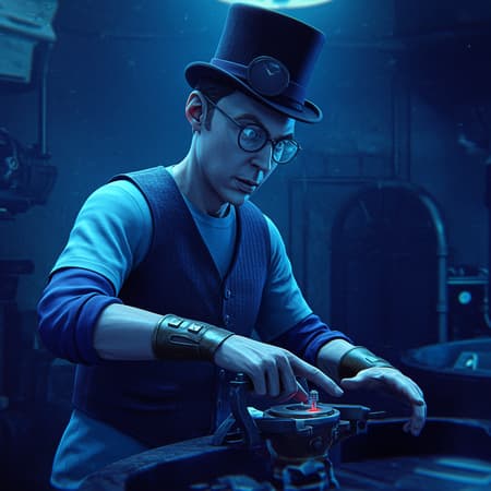 Steampunk-inspired digital artwork depicting an extreme close-up of a Cromulent character, dressed in an outfit reminiscent of Sheldon Cooper's style, embodying both athlete and normcore aesthetics. The scene is accentuated by a play of dramatic accent lighting, captured with the precision of a telephoto lens. The color palette features rich shades of electric indigo and deep indigo, enhanced with Agfacolor's distinct vibrancy, creating a striking visual contrast. Easynegative elements subtly diffuse the scene without overpowering the core ambiance.