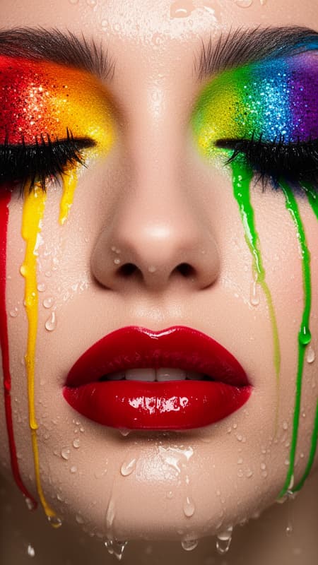 extreme close-up of a woman's face (focus on eyes, nose, lips), vibrant rainbow eyeshadow (red, orange, yellow, green, blue, purple) blended with glitter, dramatic long black false lashes, glossy intense red lips, colored paint tears (red, yellow, green) mixed with transparent water droplets streaming down wet cheeks, skin glistening with moisture, surreal high-fashion editorial style, 8k resolution