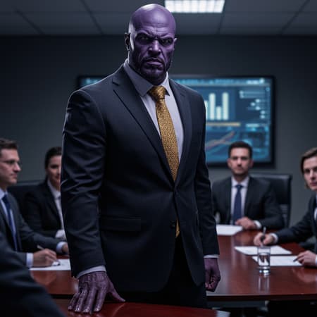 A powerful and imposing businessman stands in the boardroom, his presence commanding and intimidating. With a deep-set gaze and a stern expression, his chisified jaw and broad shoulders exude authority and determination. Clad in a perfectly tailored dark suit, the figure's rich purple skin is accentuated by the dramatic interplay of shadows and light that dance across his face. His gloved hand casually rests on the polished mahogany table, around which, colleagues sit attentively, eyes fixed on the charts and graphs displayed on the digital screen behind him. The intricate pattern of his gold tie reflects a hint of his grand ambitions. This master strategist wields influence with the precision of a seasoned tactician, each calculated decision sending ripples through the vast universe of his corporate empire.