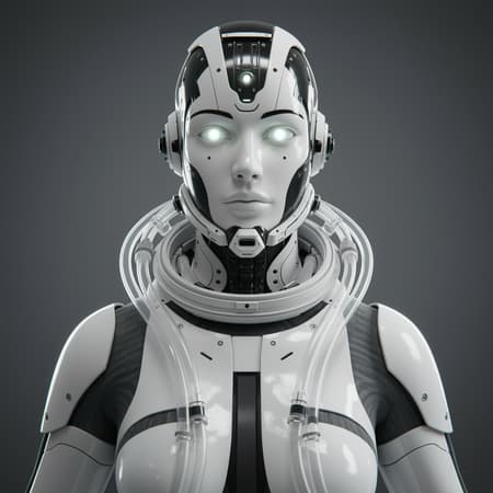 AI Robot Face Design robot face :: avant-garde, hybrid human-machine, sleek metallic space suit with glowing transparent tubes, intricate mechanics, Medium plan, wide angle, Focus on the torso and hips :: luminescent eyes :: cutting-edge technology, metallic surface :: high fashion :: sharp clarity, intricate detail, cinema, cinematic atmosphere :: pristine white :: minimalist, futuristic aesthetic, hyper-realism, photographic realism, dramatic lighting, studio illumination, mechanical intricacies, polished surface, octane render, highly detailed, 3D modeling, unreal engine, expert lighting, 8k resolution, 4k fidelity, polished finish