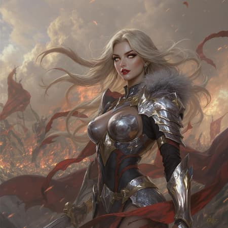 A stunning female warrior stands proudly on a battlefield with an intricate and hyper-detailed face. She embodies the essence of fantasy art, her enchanting features capturing sharp focus amidst the epic scene. The illustration showcases her as an elegant fantasy woman, with smooth, intricate details and beautifully crafted concept art. The background is a harmonious blend of fantasy elements, enhancing her commanding presence as she surveys the scene with resolve and grace. The art is free of any distracting elements, maintaining clarity and focus on the captivating figure, ensuring everything is proportionate and aesthetically pleasing.