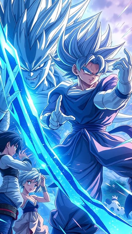 A dynamic Dragon Ball anime art piece featuring a powerful depiction of characters in a vibrant dark azure and silver palette, inspired by yanjun cheng. The composition is energetic, showcasing dynamic poses and intense action in a tall 9:16 aspect ratio. Light silver and blue hues blend seamlessly, creating a realistic play of light and shadow reminiscent of RTX graphics. The scene feels almost cut or ripped from an epic moment, with a visually compelling mix of sharpness and fluid motion, capturing the essence of Dragon Ball XV with a fresh, innovative twist.