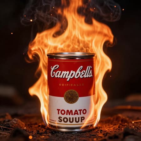 Campbell's Soup Can Engulfed In Flames Photorealistic studio shot of a Campbell's Tomato Soup can, engulfed in vibrant orange and yellow flames, centered in the frame. Dark, smoky background with glowing embers and smoke rising from the top. Dramatic, high-contrast lighting emphasizing the fiery glow. The can appears slightly worn and singed at the edges. Intense, urgent mood. Deep reds and whites of the can contrast with the bright, warm fire and dark, cool background. Sharp focus on the can and flames, soft bokeh in the background.