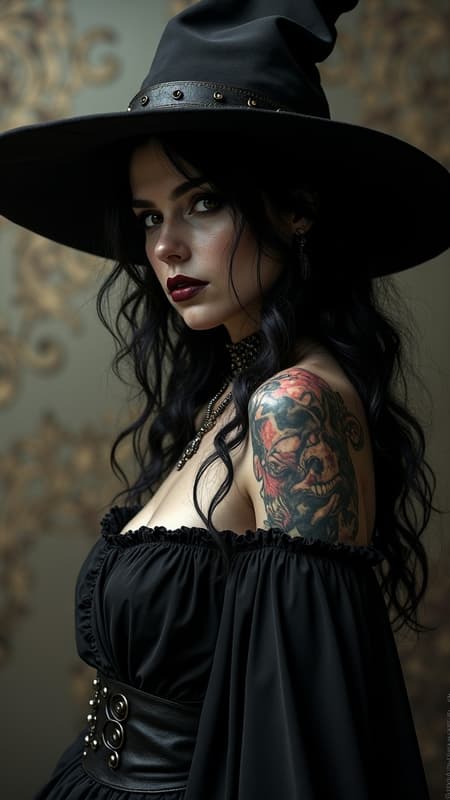 Vampire witch adorned with a wide-brimmed hat, featuring skeletal features and a mysterious aura, illustrated in the atmospheric style of Eve Ventrue. Rendered with VRay tracing for lifelike detail, this western-style portrait brings elements of cartelcore aesthetic. Ultra-high-definition image capturing intricate tattoo designs reminiscent of Paul Hedley's influence, set against a dramatic backdrop. A touch of death burger's moody surrealism adds depth to this captivating character study.