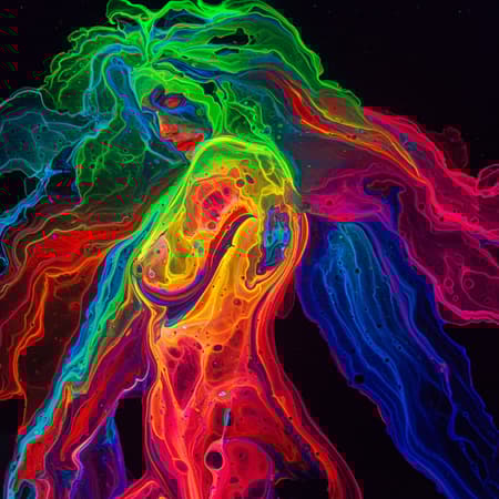 Psychedelic fluid artwork featuring a vibrant cascade of neon colors swirling together; a mesmerizing blend of electric green, deep blue cobalt, luminous ruby red, fiery orange, sunny yellow, and bright pink dance across the canvas. The scene captures an enchanting essence of a woman's form, detailed intricacies shining through the colorful mix, creating a harmonious symphony of hues and patterns.