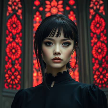 Gothic girl with striking black attire, flawless face in a macro headshot, set against the backdrop of a majestic gothic cathedral. The windows of the cathedral are shimmering with reflections of fiery red light, adorned with delicate and intricate mandala-like ornaments. Captured in 8k, UHD, HDR quality, Model: Dark Sushi with a mysterious allure. The image maintains clarity, avoiding any distortions such as blurriness, artifacts, or unwanted graphical elements. Her expression is captivating, with well-proportioned features and elegant poise, framed perfectly within a vivid and hauntingly beautiful scene.