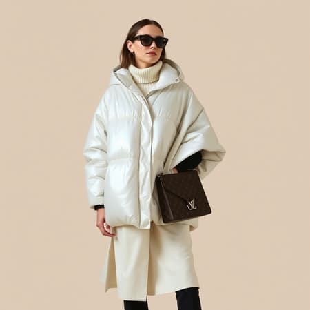 The image showcases a woman standing against a neutral beige background, embodying the quintessential Tumblr aesthetic. She is dressed in a reflective puffer coat layered over a chic off-white poncho, possibly nodding to a popular internet meme or trend. This fashion-forward look is currently featured on the design and architecture site Dezeen, marking it as a seminal style for 2024. The ensemble is accessorized with a sleek mac, a trendy pair of 8.0 LV sunglasses, and a meticulously folded piece crafted by designers Mike and Wojtek Fus. This outfit represents the forefront of this year's fashion scene, destined to capture attention and admiration.