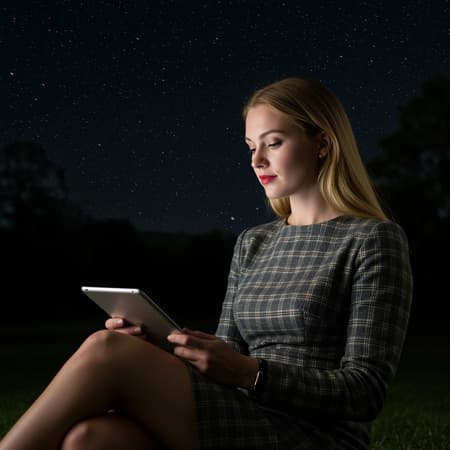 A striking woman seated gracefully, cradling a digital tablet, clad in a sophisticated plaid dress, outdoors under the starry night sky. The scene is illuminated by gentle, volumetric lighting that wraps around her figure, capturing real life with intricate detail and a subtle, low contrast aesthetic, reminiscent of a Kodak Portra 400 photograph, in stunning 8k resolution. The composition is vertical, emphasizing her poised expression and the serene ambiance of the night.