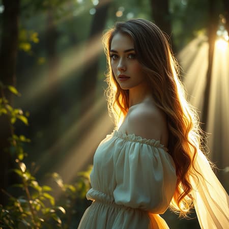 A serene and mystical woodland scene with enchanting sunbeams piercing through the lush foliage, illuminating the area with a hypnotic glow. A young woman stands gracefully, her long hair cascading down her back in soft waves. She wears a vintage dress that flows elegantly around her, each fold capturing the ethereal light. Her face, realistic and exquisitely proportioned, reflects a sense of melancholy yet divine serenity. An incandescent aura surrounds her, adding an otherworldly ambiance to her presence. The entire composition is cinematic, with dramatic lighting enhancing the heavenly and celestial atmosphere. The high-definition details bring out the textures of the forest and the intricate features of her serene expression, creating an ultra-HD visual experience reminiscent of Elly May's style, leaving the viewer entranced by the celestial beauty and mystic allure.