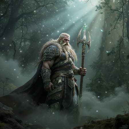 Viking warrior standing majestically in a lush, enchanted forest, surrounded by ethereal mist and bathed in a soft, magical glow; intricate details on his ornate armor and wild braided hair, the scene illuminated with fairy-like lighting and captivating volumetric rays, creating a vivid and atmospheric composition with rich, vibrant HDR colors; the elongated 9:16 aspect ratio accentuates the towering presence and dynamic pose of the warrior amidst a serene, otherworldly backdrop.