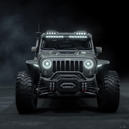 A futuristic armored sci-fi Jeep inspired by the style of Halo, featuring sleek, angular design elements and advanced technology. This vehicle merges the rugged robustness of off-road capability with the sleek aesthetics of alternate car design, showcasing the visionary artistry of Sid Mead and Alex Ross. Intricate details weave across its surface, echoing advanced engineering concepts, while the presence of concept art and matte painting techniques add depth to its form. The vehicle is presented in a highly detailed, clean render, following the rule of thirds for composition. Dynamic lighting accents its formidable silhouette, adding a cinematic quality, while denoising techniques ensure visual clarity. The centered perspective enhances its commanding presence, embodying a blend of futuristic innovation and detailed craftsmanship.