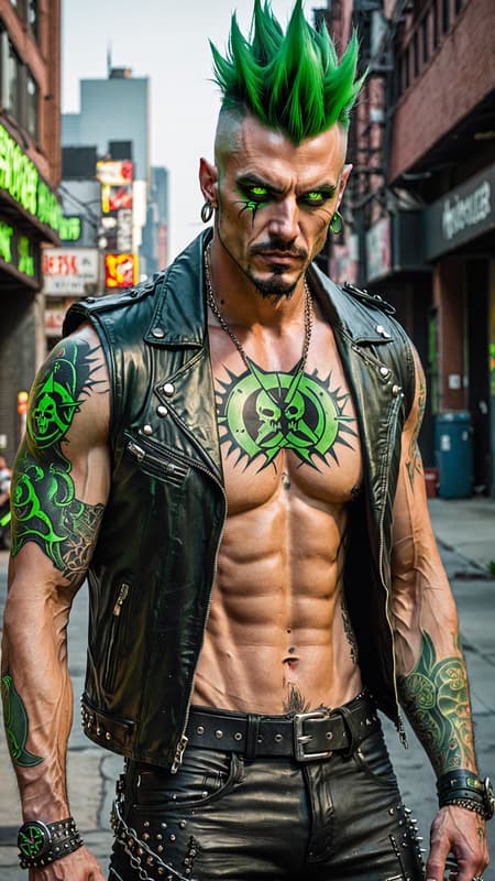 Supervillain with the ability of exuding toxic green radioactive vapor. He gives off a bright green glow/aura. Masculine man, Caucasian male. Heavy Metal and Punk Rock fan. Tall, thin, lithe but muscular, sinewy, well defined, wide shouldered. Pale skin, strong brow and chin. Rugged good looks. Electric green eyes, intense gaze, often sneering. Bright green hair, shaved on the sides and top, with a shark fin Mohawk hairstyle in the center of his head. 3 spiked piercings down the center of his forehead. Goatee on the face is also green. He wears a sleeveless black leather motorcycle jacket, unzipped. Black leather bracers on his arms, silver spikes on them (bracers).  Red biohazard tattoo on his left arm. Armpit hair is also green, which he displays proudly. Black leather jeans, with a spiked leather belt. A silver biohazard symbol as the belt buckle. Full body pose. His aura is a radioactive green, often toxic to the people around him. He roams the city streets. 