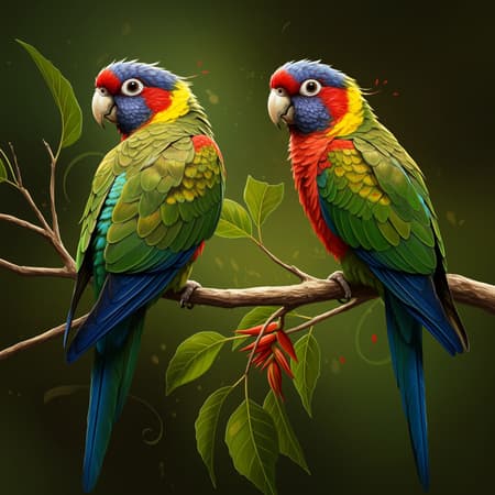 A vibrant and detailed painting depicts two parrots perched on a leafy branch, capturing the essence of Marcin Sobas' style. The piece features ultra-high-definition clarity, showcasing intricate details in 32k resolution. The scene merges the vibrancy of nature with human-like expressions. The oil painting technique enhances the rich textures and deep layers, while the interplay of intense light and shadow adds dramatic contrast. The color palette is inspired by the classic tones of Ferrania P30, creating a timeless yet vivid atmosphere. The composition is elongated, with a 36:55 aspect ratio, emphasizing the vertical expanse of the branch. Stylized elements introduce subtle artistic flourishes, maintaining a balance between realism and creativity.