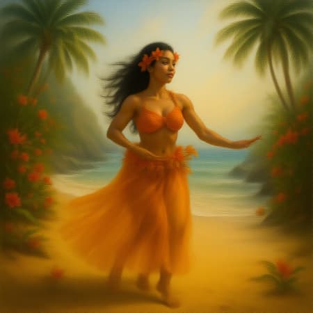 A stunning Hawaiian hula dancer gracefully moves on a sunlit tropical beach, surrounded by lush palm trees and vibrant flowers in an enchanting oil painting style, blending the whimsical touch of Studio Ghibli with the oceanic artistry of Robert Wyland. The scene captures the dancer's fluid motions under dramatic cinematic lighting, reminiscent of a captivating film still, using a 50mm lens for hyper-realistic, highly detailed visual depth. The beach's golden sands and turquoise waves add a dreamlike atmosphere to this ethereal and serene composition.
