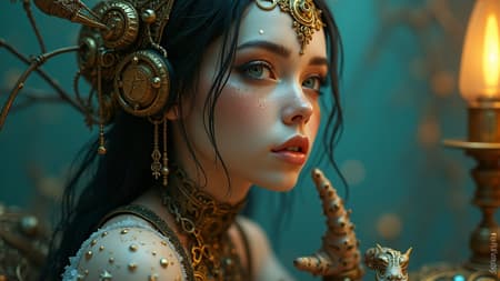 3D depiction of a steampunk woman in the style of Bella Kotak, featuring a color palette of gold and cyan with photorealistic detail. The image reflects a dark fairy tale atmosphere with intricate miniature elements, reminiscent of Artgerm's artistic style. Despite the emphasis on high-quality visuals, the piece intentionally incorporates elements like poorly constructed 3D models and low-quality textures, resulting in some warped features, such as extra limbs or fingers, asymmetrical anatomy, and mismatched facial features. The composition is slightly off-center, with an imperfect blend of realistic and surreal qualities, creating an unusual, imaginative scene. Imperfections like jpeg artifacts, skin spots, and low detail add to the overall theme, contributing to a unique and creatively flawed representation, embraced for its intriguing and unconventional artistic expression.