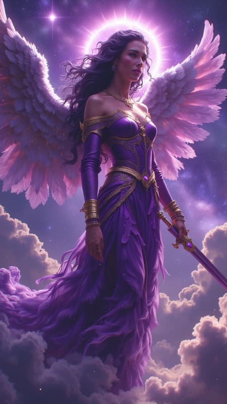 They say that purple stars don't exist in space, or that we can't see the light they emit...but they do, and there is an Angel that resides over them. She is a beautiful Angel with huge wings with Violet, purple, magenta, amethyst, lilac and magenta wings. She appears as a feminine Caucasian woman-- tall, statuesque, strong, slender but athletic. Her hair is black with streaks of purple throughout, swept back on one side, curly Bangs swept to one side with long loose curls falling over her shoulders. Her eyes are bright Violet and shine like jewels, her lips magenta, her face modelesque and pretty.  There is a glowing bright Violet halo over her head. She wears a shiny metallic long sleeved off the shoulder gown, the sleeves lacey and delicate. She wears a gold necklace around her neck with an amethyst stone pendant. Gold bracelets on her wrists, and a metallic gold belt with amethyst stones around her waist. The bottom part of her gown is flowing gently, she wears golden high heeled sandals on her feet. She stands on the edge of a galaxy, and there are purple stars where she resides. She carries a golden jeweled sword that vanquishes evil and darkness. She is God's Angel of mystery and all things unkown. Full body pose. They say that purple stars don't exist, but SHE DOES... 