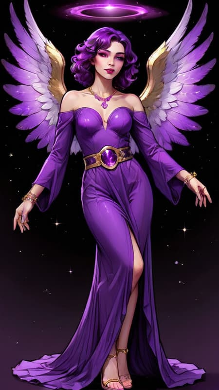 They say that purple stars don't exist in space, or that we can't see the light they emit...but they do, and there is an Angel that resides over them. She is a beautiful Angel with huge wings with Violet, purple, magenta, amethyst, lilac and magenta wings. She appears as a feminine Caucasian woman-- tall, statuesque, strong, slender but athletic. Her hair is black with streaks of purple throughout, swept back on one side, curly Bangs swept to one side with long loose curls falling over her shoulders. Her eyes are bright Violet and shine like jewels, her lips magenta, her face modelesque and pretty.  There is a glowing bright Violet halo over her head. She wears a shiny metallic long sleeved off the shoulder gown, the sleeves lacey and delicate. She wears a gold necklace around her neck with an amethyst stone pendant. Gold bracelets on her wrists, and a metallic gold belt with amethyst stones around her waist. The bottom part of her gown is flowing gently, she wears golden high heeled sandals on her feet. She stands on the edge of a galaxy, and there are purple stars where she resides. She carries a golden jeweled sword that vanquishes evil and darkness. She is God's Angel of mystery and all things unkown. Full body pose. They say that purple stars don't exist, but SHE DOES... 