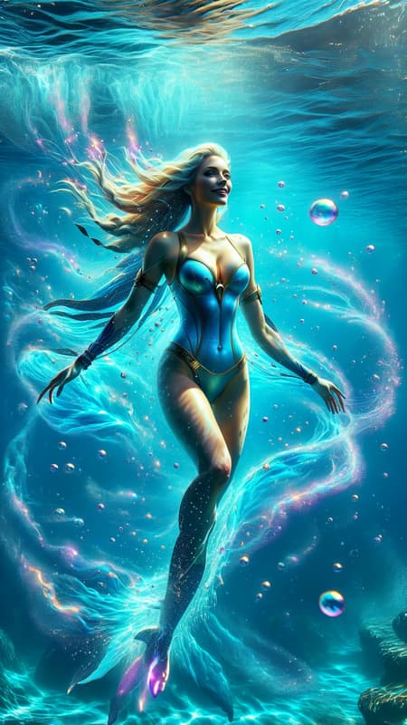 Super-hero, fantasy. Once, she was a dolphin in the ocean that magically became a beautiful woman, then a super-hero! She can pull water vapor from the air to create water streams she can blast her enemies with. She can also use sonar to send out signals and increase her vision underwater. She also has a high pitched squeak that can do sonic damage and mind damage to her targets. She also has an aura of bubbles-- invisible on land, but very visible beneath the waves! She can also swim at very high speeds. 

Tall, caucasian female with aqua colored eyes and long pale blonde hair, all one length and combed back. Pretty face, usually smiling. She wears a one-piece aqua-blue swimsuit that goes up to the neck and clasp in the back. There is a waves graphic printed on the front of the swimsuit. She wears short gold gauntlets on her arms, and a metallic gold  belt around her waist; it contains tiny tools that she can use on her adventures. She wears a pair of aqua-blue slide on shoes-- they have no heels and only come up to her ankles, allowing her freedom of movement. She is a happy and adventurous person, so she's always smiling. Full body pose, probably on the beach or swimming. There are always dolphins nearby. 