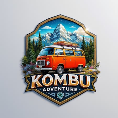 3D logo icon, vibrant kombi adventure scene, high-detail graphic design featuring realistic elements, intricate details in RAW colors, set against a stunning landscape backdrop, rendered in 8k resolution with creative emphasis on exploration and wanderlust.