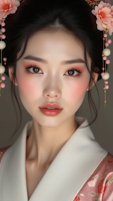 Elegant Asian woman with porcelain skin, her beauty is ethereal and flawless. Her monolid eyes are dark and soulful, capturing a captivating gaze that draws you in. The eyeliner enhances her allure, and her arched eyebrows showcase tender expressions. Her lips, reminiscent of cherries, are softly hued. She is adorned in silk kimonos and elaborate hairpieces, adding depth to her enchanting presence. Captured in a RAW portrait with professional photography, this high-resolution 4k image encapsulates grace and refinement, with subtle modifications enriching the original essence.