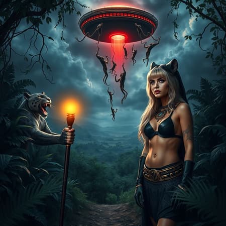 A hyper-realistic, photo-realism image captures a beautiful human woman standing at the end of a jungle path in a small clearing. Beside her is a majestic Black Panther, its gaze locked onto an enigmatic object in the sky above the plains. The woman holds a long scepter, illuminating the dark jungle, her face stern and confused as she stands ready to defend her home. Her posture is intense, focused on the alien beings with peculiar bodies and tentacles descending from the object above. The Panther, exuding authority, lets out a powerful roar. Her skin is adorned with colorful ancient tribal tattoos, her long blonde hair with bangs dances in the breeze. Dark sapphire blue eyes, framed by elegant eyelashes and ornate eyeshadow, reflect determination. She wears a timeworn, ornate black dress with a bare belly, accessorized with a gold and onyx belt and choker. The surrounding jungle is cloaked in shadows with vines draping from branches above. Dark clouds converge on a reddish-orange sunset in the background, painting a dramatic contrast in the sky. The scene is free of anatomical flaws, maintaining the integrity of the visual narrative.