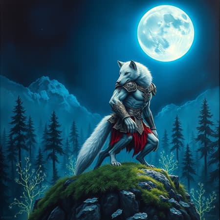 A highly detailed oil painting depicting a mystical night scene under a vast blue full moon. The focal point is a hyperrealistic, menacing muscular white werewolf with grey skin. The creature is in a battle stance, showcasing full body armor and intricate red clothing adorned with silver filigree. It stands atop a lush hill, surveying the enchanting dark forest below, where bioluminescent trees and glowing plants create a mesmerizing landscape. The scene exudes an ultra-high-definition, high dynamic range quality, capturing the eerie yet beautiful ambiance of the enchanted forest. The composition excludes any flaws or distortions, maintaining a perfect rendering of the werewolf's fearsome appearance and the ethereal surroundings.