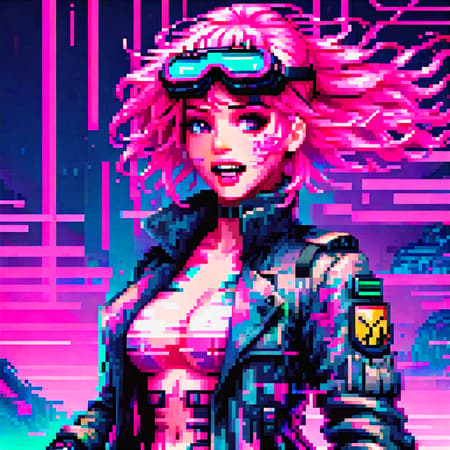 (swat man), (pixel art), detailed, torso, gloves, mask, goggles, action pose, trench coat, pink, surreal, strange, (full body sexy gamer girl with pink hair photo), vaporwave neon theme, woman, portrait, smile, laugh, open mouth, (upper body, bust shot, looking away:1.1), neon hair