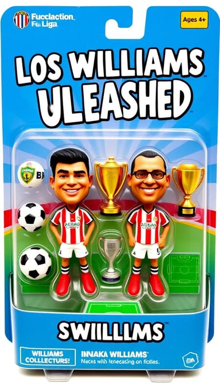 A stylized collectible action figure set titled "Dynamic Duo: The Williams Brothers" designed for ages 4+. The package features caricatured, humorous figures of Nico and Inaki Williams, each donning Athletic de Bilbao jerseys and shorts with striking red boots. The set comes with fun, interchangeable accessories: a vibrant La Liga ball, a gleaming Copa del Rey trophy, and a miniature soccer pitch. The backdrop is a lively blue with bold, playful white text proclaiming "LOS WILLIAMS UNLEASHED!" The figures have exaggerated heads with charming expressions, capturing the energetic spirit of the brothers, making it a delightful addition for young fans and collectors alike.