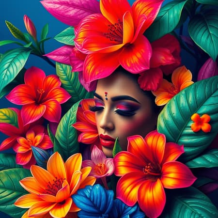 A vibrant design inspired by tropical flowers with fluorescent colors, infused with elements reminiscent of Frida Kahlo's artistry, utilizing a bold RGB color palette. The scene is vivid and lively, with a focus on intricate details and textures, devoid of any drop shadow, capturing a sense of exuberant life and cultural richness.