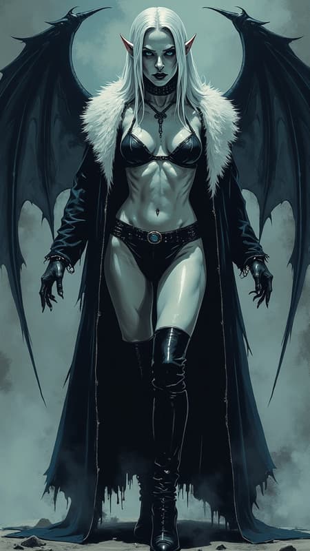 Dark sci-fi horror. Alien vampire. Powerful, evil, otherworldly, feminine woman. Her aura glows with a cold, pale bluish-white light, her eyes shine in the dark. Tall, slim but curvy, lithe, strong. Her feet never touch the ground, she floats/levitates in the air. Pale white corpse skin, make-up in various shades of blue. Long, silvery-white hair down to her back, all one length and side parted, hanging over one eye. Pointed elf-like ears. Fangs, dark blue lips, like a dead person. A black leather choker around her neck. Black and midnight-blue lingerie with long, Gothic sleeves. A white fur stole draped around her shoulders. A sheer, black, bat-like night robe with Midnight blue accents. Thigh-high black leather boots with stiletto heels. Full body pose. 