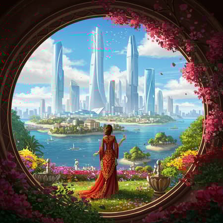 Illustration of a vibrant cityscape with towering skyscrapers and lush islands bathed in brilliant sunlight. A woman in a striking red dress adorned with intricate gold embellishments stands amidst a bustling garden, surrounded by fluttering flowers in a breezy atmosphere. The scene is captured from a circular perspective, highlighting the city's beauty with a cinematic flair. The artwork is detailed and vivid, with a focus on elegance and sophistication, emphasizing the artistic trends found on platforms like ArtStation.