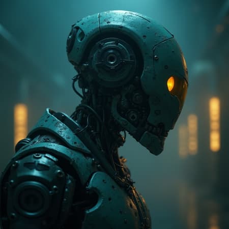 Rendering of a side profile featuring a half-strange, humanoid figure with an intricately detailed robotic body, equipped with a complex system of machinery. The figure's gaze is focused and intense, set within a sci-fi, dimly lit environment shrouded in fog. Cyan and yellow illuminations accentuate the scene, complemented by dramatic, moody lighting. The use of RTX shader technology brings hyper-detailed textures with reflective surfaces to life, enhanced by HDRI effects. This cyborg is designed with a grunge aesthetic, highlighted by visible bolts and UHD clarity, set against a shadowy backdrop with an atmospheric light shader.