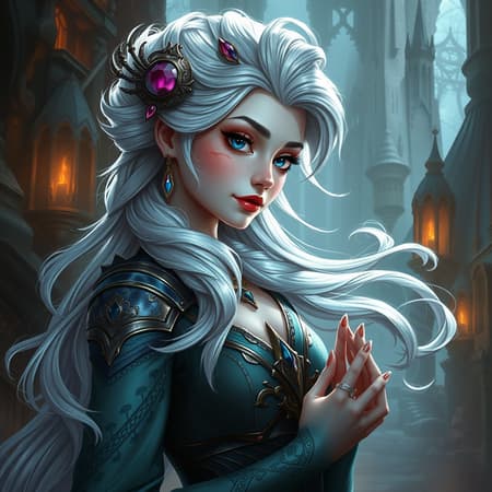 Elsa-inspired fantasy character in a Dungeons & Dragons setting, rendered in an intricate and elegant style, highly detailed digital painting reminiscent of Artstation concept art. The illustration captures a matte finish with sharp focus, blending the essence of Hearthstone artwork. Influences from artists like Artgerm, Greg Rutkowski, and Alphonse Mucha are evident, featuring vibrant colors and flowing lines. The scene is in HDR quality, suitable for 4k and 8k displays, while incorporating subtle negative space for balanced composition.