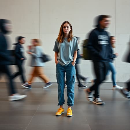 A captivating photograph captures the essence of urban hustle, focusing on a single female model standing still amidst the blurred motion of people walking past her, signifying movement. The main subject is seen wearing a grey loose fit T-shirt and denim jogger pants paired with vibrant yellow skateboard shoes. Surrounding sub models are dressed in casual loose fit hoodies and jogger pants, completed with sneakers, blending into the scene. Shot with a Sony α9 II and Sony FE 100-400mm f/4.5-5.6 GM OSS lens, the setting is an open, minimalistic space. Soft, indirect lighting and a neutral color palette enhance the motion blur effect. The sharply focused main subject contrasts against transient figures, emphasizing stillness amid chaos. The background features a plain wall with subtle texture that ensures the focus remains on the captivating motion effect, embodying the theme through a harmonious balance of elements.