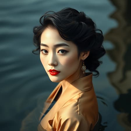An elegant Asian woman with charming curled hair, captured in the style of a Samyang AF 14mm f/2.8 RF lens. She's adorned in Oshare Kei fashion with a dark beige palette, standing amidst hyper-realistic water that reflects her distinct facial features. Her expression embodies elements of Mori Kei and Hallyu, merging traditional and contemporary aesthetics. The composition is artfully stylized, emphasizing her unique allure.