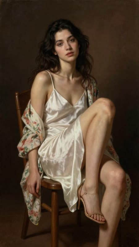 Thoughtful Woman In Silk Slip Dress Portrait A beautiful woman with long, dark, wavy hair, seated on a simple wooden chair, looking directly at the viewer with a thoughtful expression. She wears a white silk slip dress and a floral robe draped over her shoulders, with one leg crossed over the other, revealing delicate high-heeled sandals. The art style is a photorealistic oil painting, reminiscent of classical portraiture. Dramatic chiaroscuro lighting emphasizes her face and body, casting deep shadows on the rich, dark brown background. The mood is intimate and contemplative. The colors are warm and muted, with soft skin tones, creamy white silk, and pastel floral patterns on the robe.