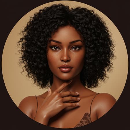 A model with curly black hair, in the style of daz3d, close-up, soft focus, gently wavy, warm brown hues, circular composition, inspired by vintage film aesthetics. Smooth, flawless skin, with an enchanting gaze that captivates within the frame's elegance.