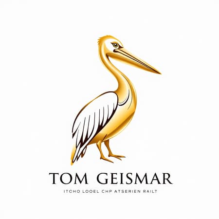 Vector drawing of a corporate logo featuring an elegantly stylised pelican in polished gold set against a pristine white background, highlighting a minimalistic and refined design, exuding an essence of sophistication and professionalism, inspired by the expertise of Tom Geismar, perfect for corporate branding and identity.