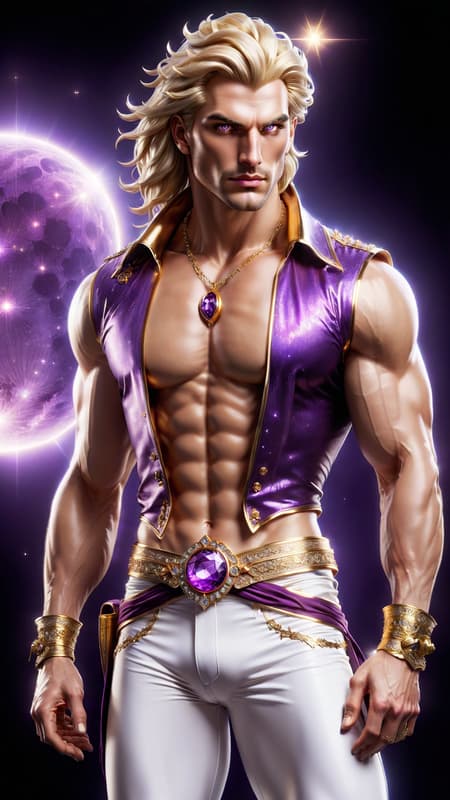 Gypsy, mystic, magical, walker between-the-worlds. Masculine male, late twenties. Medium length sandy blonde hair, purple scarf tied around forehead. Pale hazel eyes, intense gaze. Strong brow and chin, handsome, model, young. Soul patch on face. Lithe but sinewy body, muscular, strong, well defined. Wide shoulders, broad chest, narrow waist. Smooth body with minimum body hair. Purple, open suede vest, exposed chest. Golden Gypsy talisman around neck. White sport tights/pants, purple sash wrapped around waist. Purple suede knee-high boots, slouchy boots. Magical golden sparkling aura. Full body pose, celestial background. Gypsy, mystic, magical, walker between-the-worlds. Masculine male, late twenties. Medium length sandy blonde hair, purple scarf tied around forehead. Pale hazel eyes, intense gaze. Strong brow and chin, handsome, model, young. Soul patch on face. Lithe but sinewy body, muscular, strong, well defined. Wide shoulders, broad chest, narrow waist. Smooth body with minimum body hair. Purple, open suede vest, exposed chest. Golden Gypsy talisman around neck. White sport tights/pants, purple sash wrapped around waist. Purple suede knee-high boots, slouchy boots. Magical golden sparkling aura. Full body pose, celestial background.