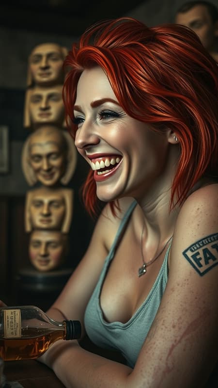 A hyperrealistic digital painting capturing a woman with striking red hair standing out vividly; she sits in a gritty bar setting, laughing and winking with a playful drunkenness. Beside her is a tipped-over whiskey bottle, adding to the raw atmosphere. Rendered with cinematic detail using Unreal Engine 5 and Octane Render, her eyes are exceptionally detailed, showcasing a sense of depth. The closeup of her face reveals realistic skin textures and subtle imperfections that enhance the authenticity. In the background, a surreal, totem pole-like stack of mismatched torsos adds a bizarre artistic flair, hinting at themes of mutation and distorted anatomy, creating a juxtaposition of beauty and unsettling elements in this striking piece.