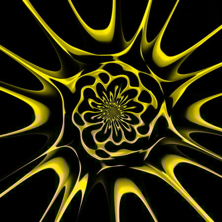 An abstract psychedelic design featuring smooth, undulating yellow lines set against a black background, radiating from a central focal point in irregular concentric formations. The pattern evokes a sense of hypnotic, organic flow, with bold, graphic lines that maintain a handcrafted aesthetic while achieving digital precision. High contrast and sharp edges enhance the dynamic sense of movement, reminiscent of topographic landscapes or liquid energy waves, creating a visually captivating effect.