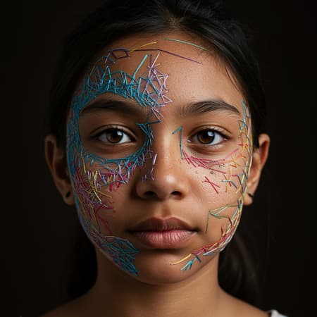 Intricate thread embroidery on a young girl's face, emphasizing imperfections, raw and unrefined details, unedited and natural appearance --aspect ratio 3:2 --stylize 250.