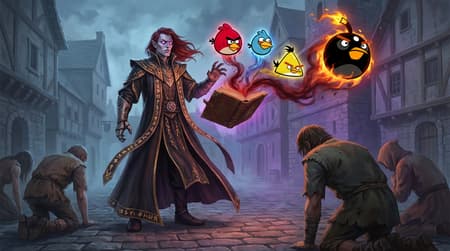 A powerful sorcerer, with pale skin, purple glowing eyes, and red hair, stands centrally, conjuring Angry Birds characters from a glowing book with his gauntleted hand. He wears an ornate black and red robe with golden runes. Several commoners in tattered clothing kneel before him, backs to the viewer. The art style is a blend of digital painting and fantasy illustration, with a slightly cartoonish touch for the birds. Dramatic, mystical lighting emanates from the glowing birds and book, casting shadows and highlighting the scene. The atmosphere is dark and ominous, with a cool blue-grey sky and muted medieval buildings in the background. The Angry Birds characters (red, blue, yellow, black) glow intensely with their respective colors, with the black bird being a fiery large orb. Dark red smoke or magic trails from the book.