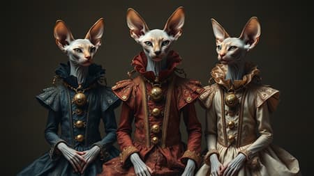 Three hairless sphinx cats poised gracefully, adorned in extravagant and whimsical costumes reminiscent of Tim Walker's enchanting photography, each outfit intricately detailed with baroque elements. The scene captures the essence of Sacha Goldberger's imaginative flair, blending classic and avant-garde aesthetics. Nicola Samori's influence is evident in the subtly distorted textures and shadowy hues woven into the fabric, evoking a sense of mystery and depth. The overall composition creates a dreamlike tableau that celebrates the intersection of fantasy and elegance.